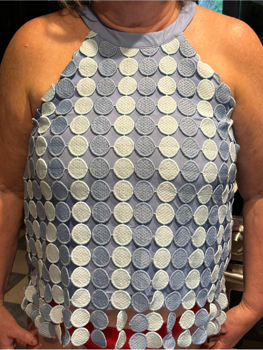 Umgee Light Blue and White Halter Camisole with Circular Appliqués